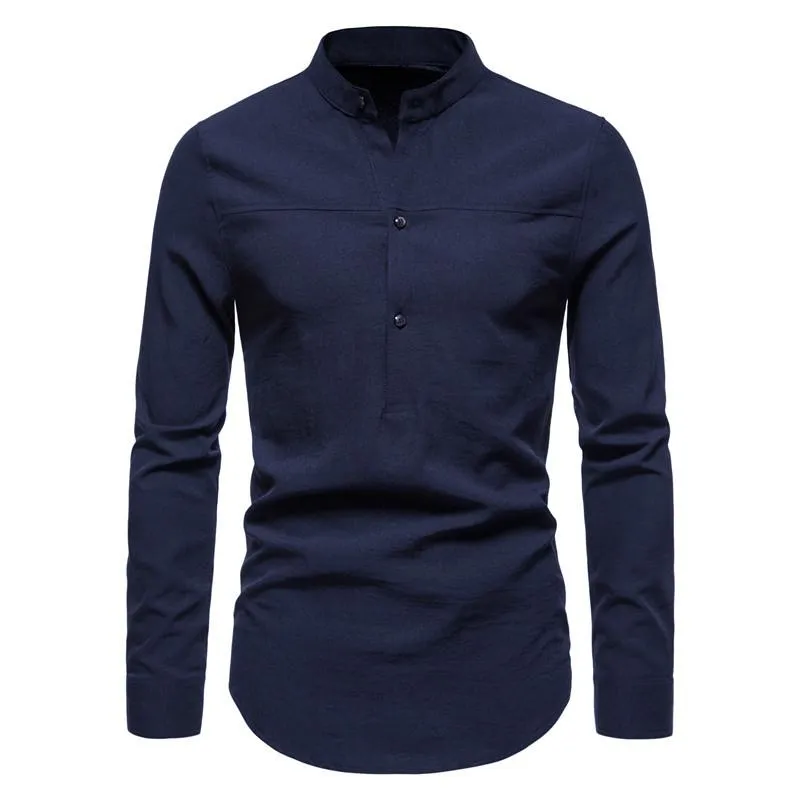 Men's Solid Color Long Sleeve Stand Collar Linen Shirt 70526053X sold by Manly product image thumbnail 3