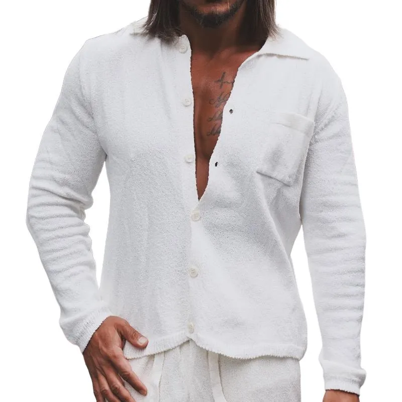 Men's Retro Casual Solid Color Lapel Pocket Long Sleeve Shirt 93133568TO sold by Manly