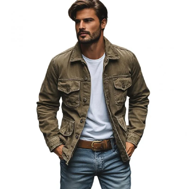 Men's Vintage Distressed Washed Canvas Lapel Multi-Pocket Work Jacket 68063761M sold by Manly