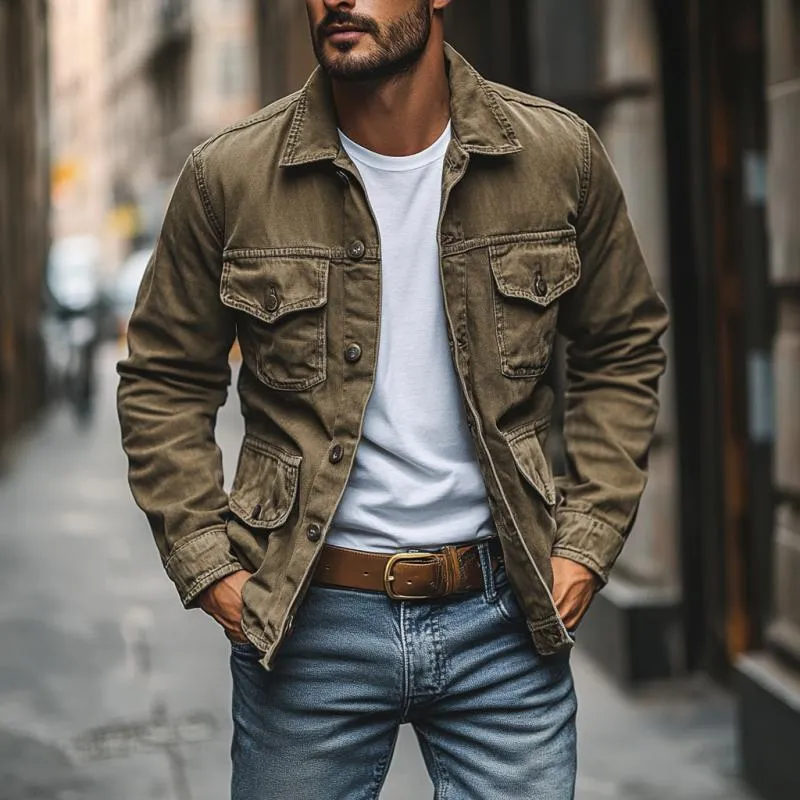 Men's Vintage Distressed Washed Canvas Lapel Multi-Pocket Work Jacket 68063761M sold by Manly product image thumbnail 2