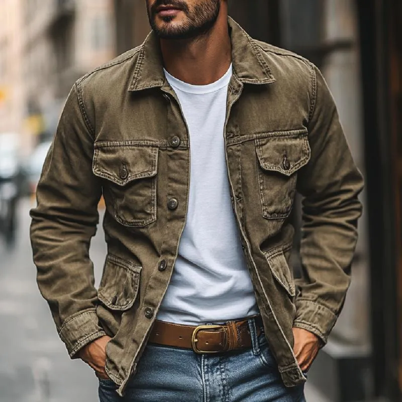 Men's Vintage Distressed Washed Canvas Lapel Multi-Pocket Work Jacket 68063761M sold by Manly product image thumbnail 3