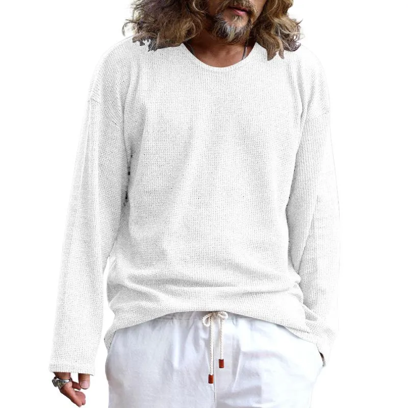 Men's Solid Color Waffle Loose Round Neck Long Sleeve T-Shirt 76476448Y sold by Manly