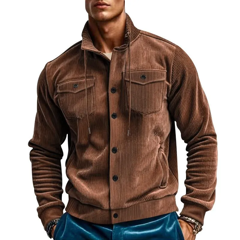 Men's Solid Color Corduroy Lapel Vintage Multi-Pocket Cargo Jacket 22086351Y sold by Manly