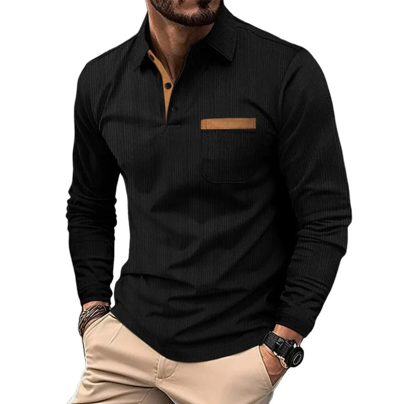 Men's Striped Jacquard Lapel Long Sleeve Polo Shirt 03659567Y sold by Manly