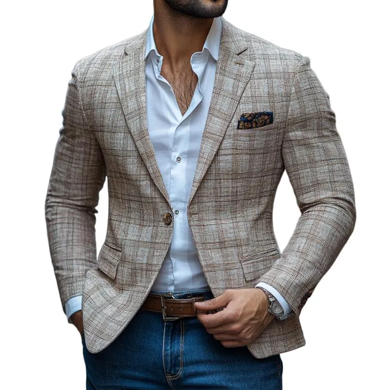 Men's Fashion Retro Checked Notch Lapel One Button Casual Blazer 26202808Z sold by Manly