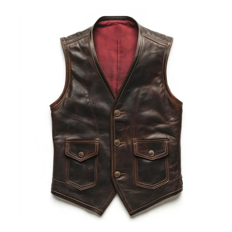 Men's Vintage Leather V-Neck Single Breasted Slim Fit Vest 22523774M sold by Manly