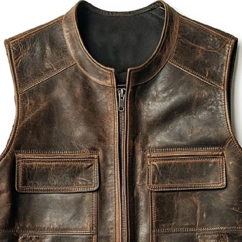 Men's Vintage Distressed Leather Round Collar Zipper Slim Vest 49741878M sold by Manly product image thumbnail 2