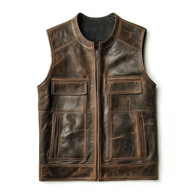 Men's Vintage Distressed Leather Round Collar Zipper Slim Vest 49741878M sold by Manly
