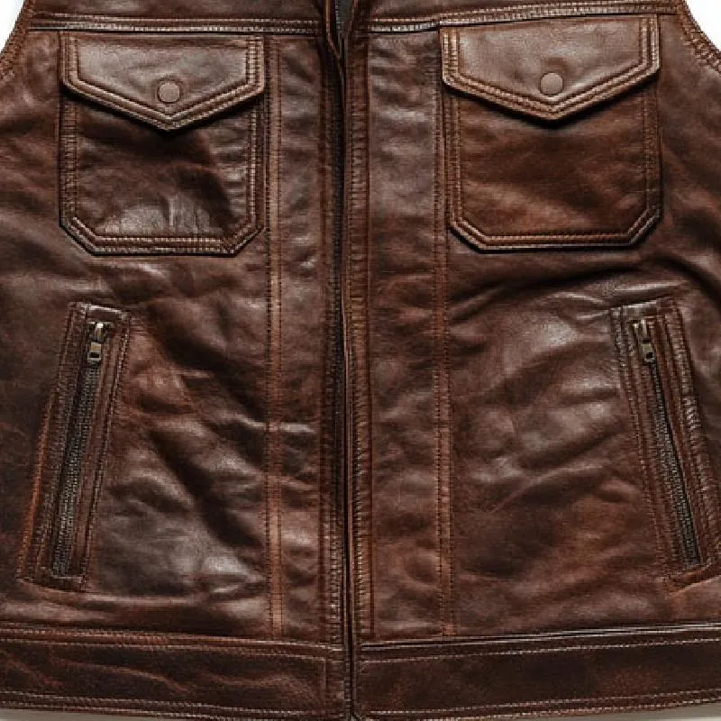 Men's Vintage Leather Lapel Zipper Multi-Pocket Vest 56125631M sold by Manly product image thumbnail 3