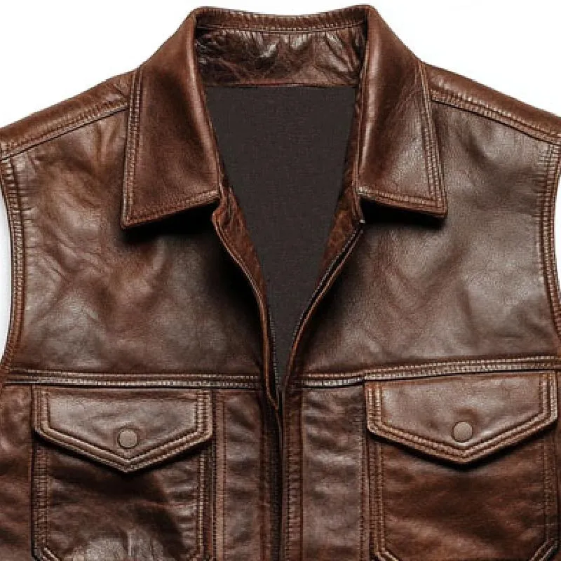Men's Vintage Leather Lapel Zipper Multi-Pocket Vest 56125631M sold by Manly product image thumbnail 2