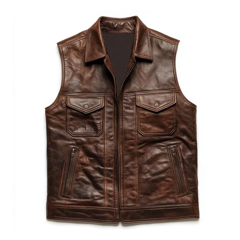 Men's Vintage Leather Lapel Zipper Multi-Pocket Vest 56125631M sold by Manly