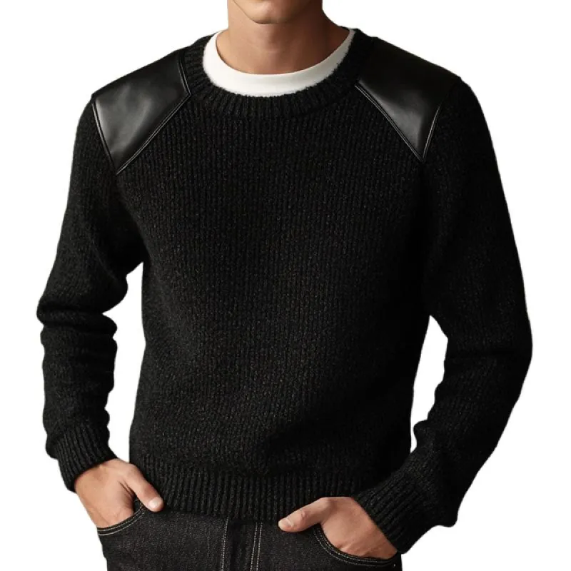 Men's Black Paneled Leather Knitted Sweater 56248329U sold by Manly