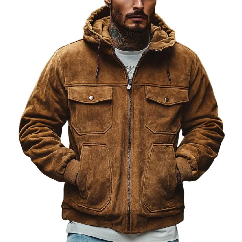 Men's Casual Suede Multi-pocket Hooded Jacket 16089581F sold by Manly
