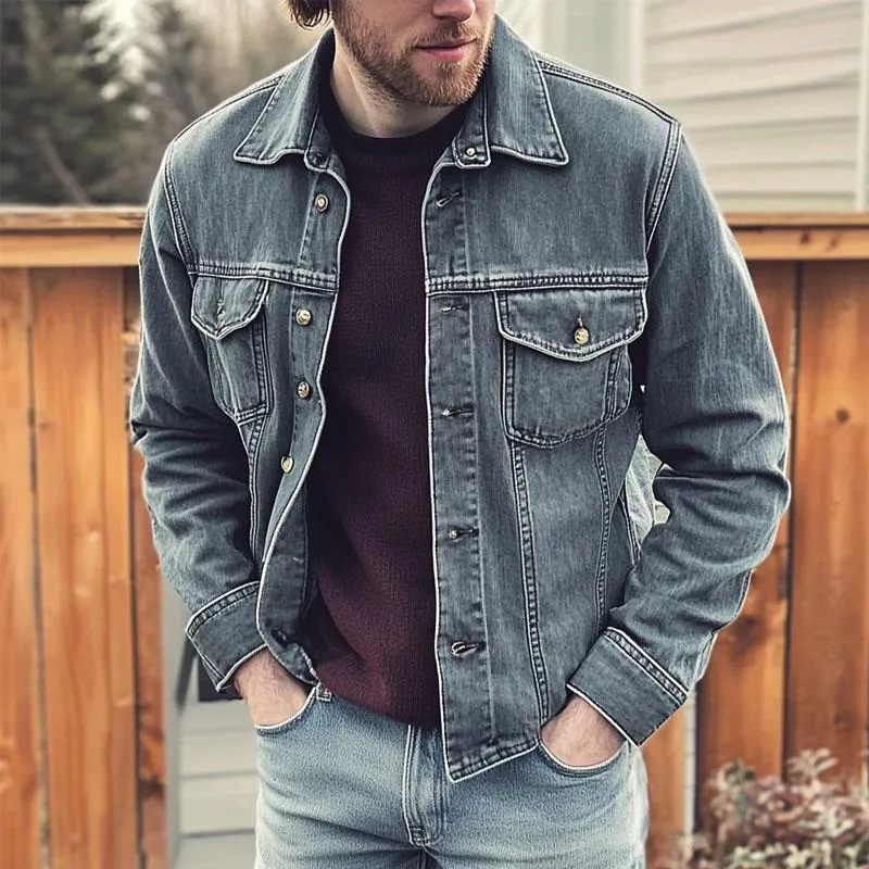 Men's Vintage Washed Lapel Denim Jacket 84047709X sold by Manly product image thumbnail 2