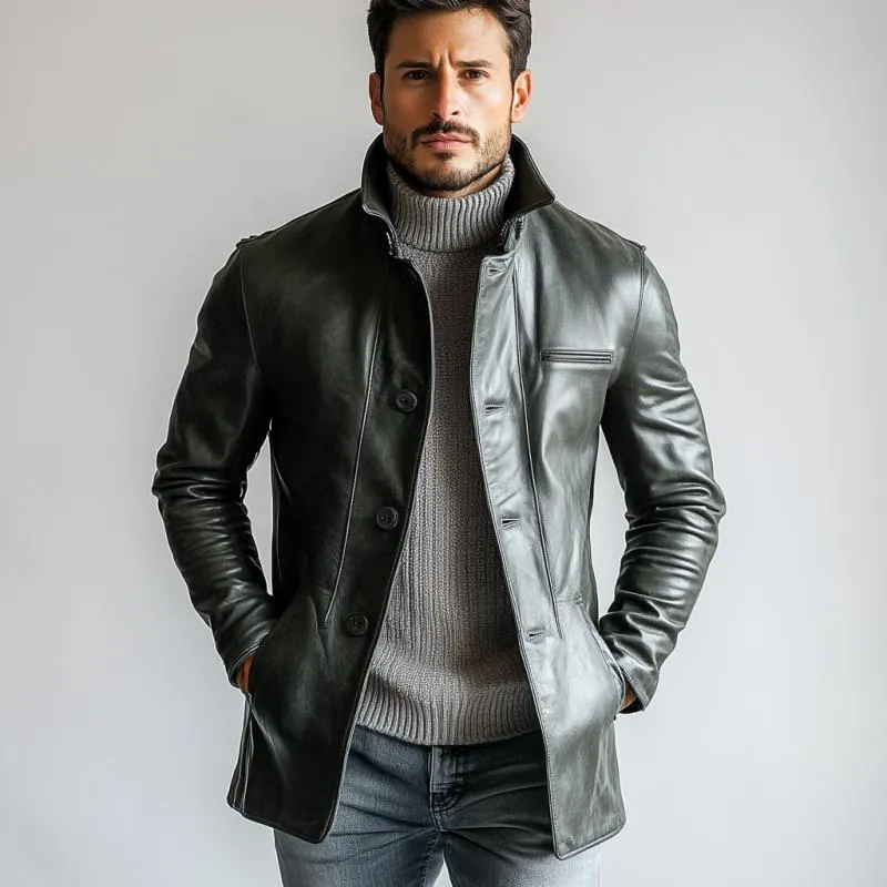 Men's Vintage Solid Color Single Breasted Mid-Length Leather Trench Coat 55834254Y sold by Manly product image thumbnail 3