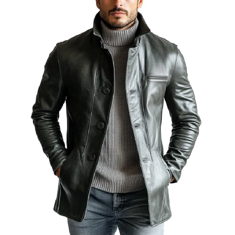 Men's Vintage Solid Color Single Breasted Mid-Length Leather Trench Coat 55834254Y sold by Manly