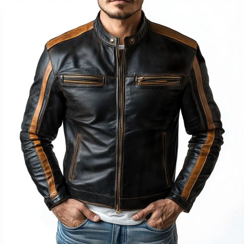 Men's Retro Motorcycle Stand Collar Multi-Pocket Leather Jacket 38727945Y sold by Manly