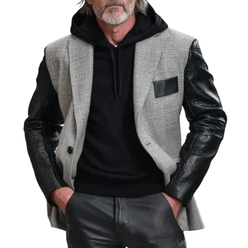Men's Vintage Wool Patchwork Leather Single-Breasted Blazer 24760421Y sold by Manly