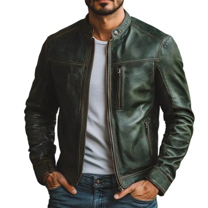 Men's Retro Motorcycle Stand Collar Multi-Pocket Leather Jacket 42238992Y sold by Manly