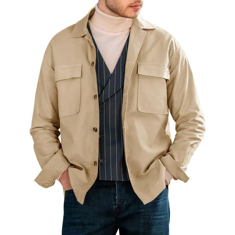 Men's Casual Solid Color Lapel Double Chest Pocket Overshirt Jacket 55514510Y sold by Manly