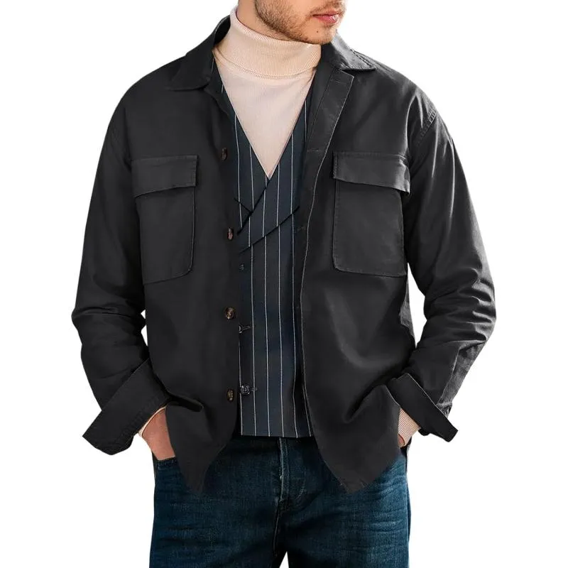 Men's Casual Solid Color Lapel Double Chest Pocket Overshirt Jacket 55514510Y sold by Manly product image thumbnail 4