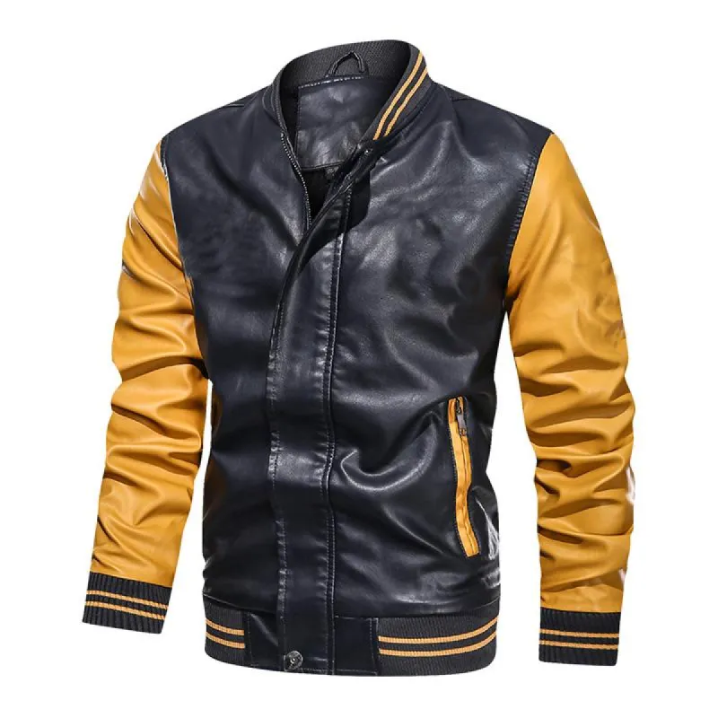 Men's Vintage Colorblock Leather Zipper Loose Baseball Jacket 12767705M sold by Manly