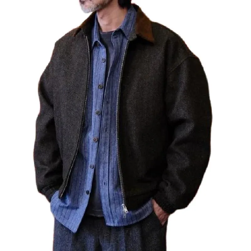 Men's Vintage Corduroy Herringbone Patchwork Lapel Zipper Bomber Jacket 61906038M sold by Manly product image thumbnail 2