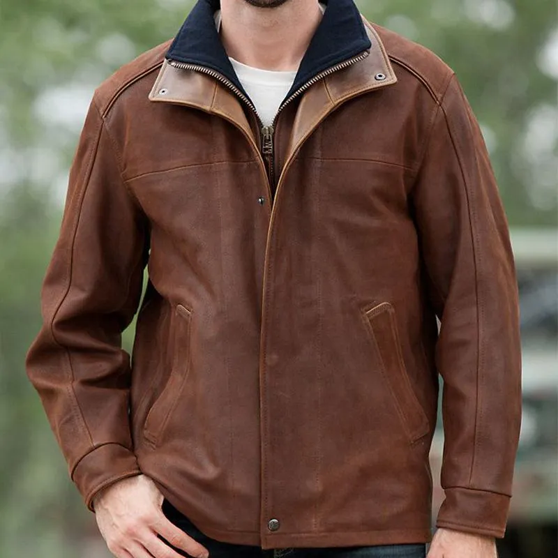 Men's Vintage Lapel Fake Two Piece Leather Jacket 74896295U sold by Manly product image thumbnail 2