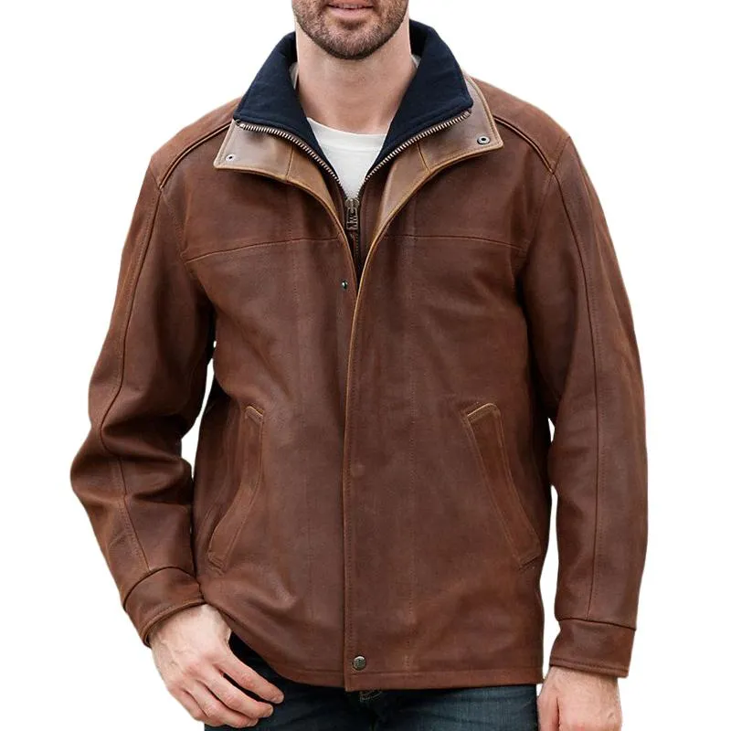 Men's Vintage Lapel Fake Two Piece Leather Jacket 74896295U sold by Manly