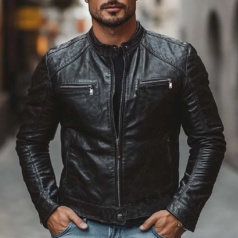 Men's Classic Casual Slim Stand Collar Zipper Leather Jacket 39393977K sold by Manly product image thumbnail 2