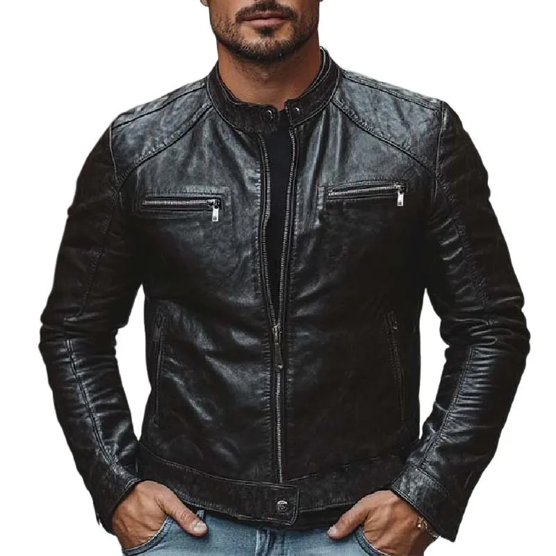 Men's Classic Casual Slim Stand Collar Zipper Leather Jacket 39393977K sold by Manly