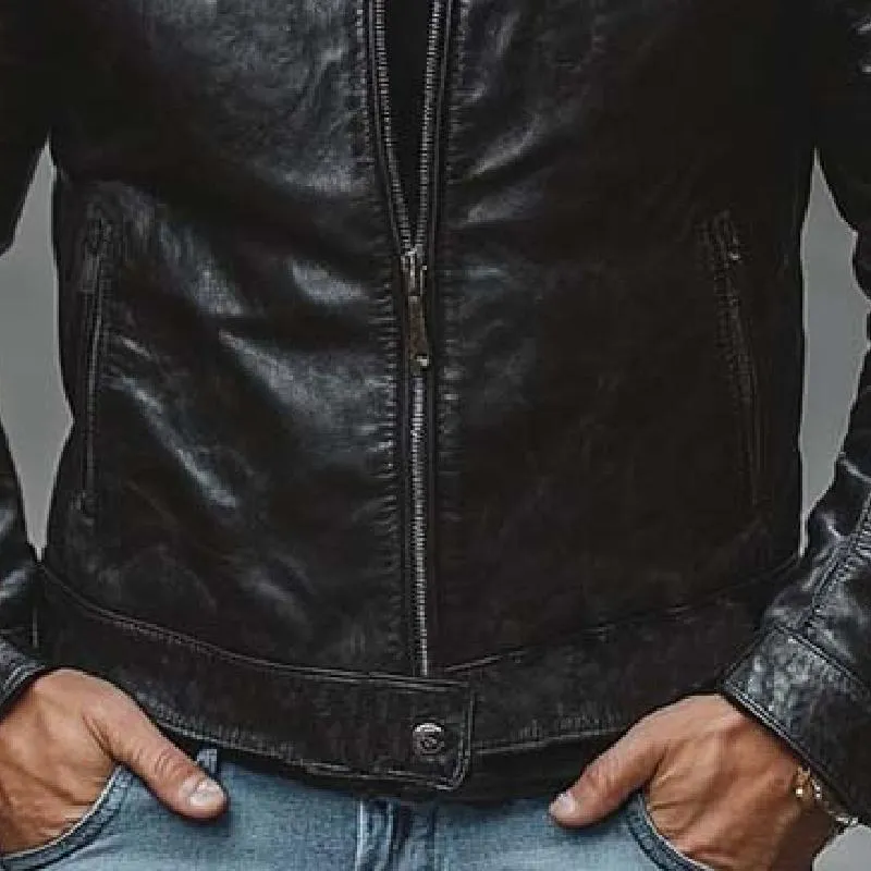 Men's Classic Casual Slim Stand Collar Zipper Leather Jacket 39393977K sold by Manly product image thumbnail 4