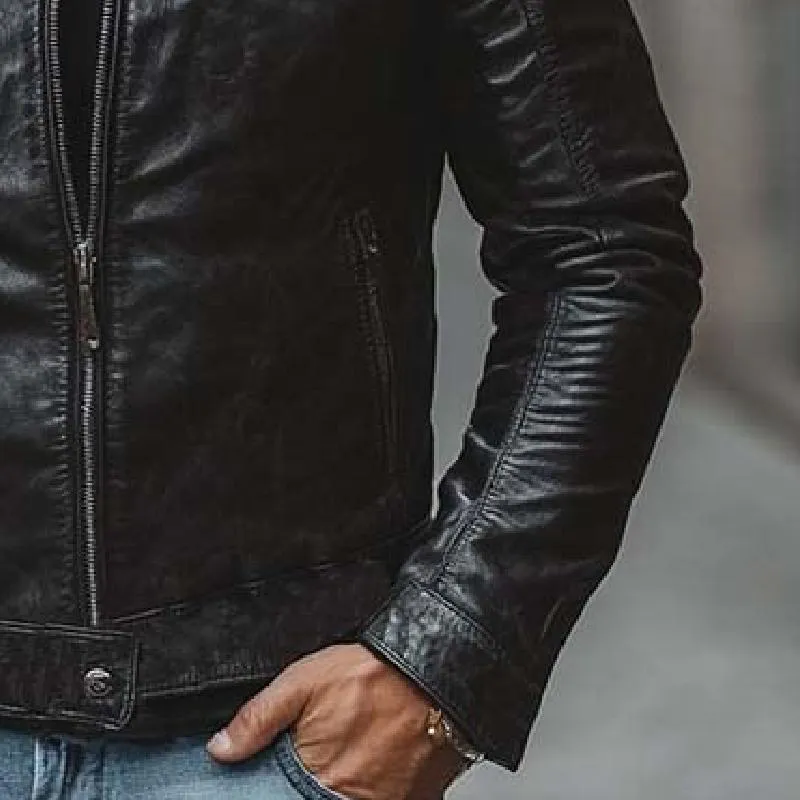 Men's Classic Casual Slim Stand Collar Zipper Leather Jacket 39393977K sold by Manly product image thumbnail 5