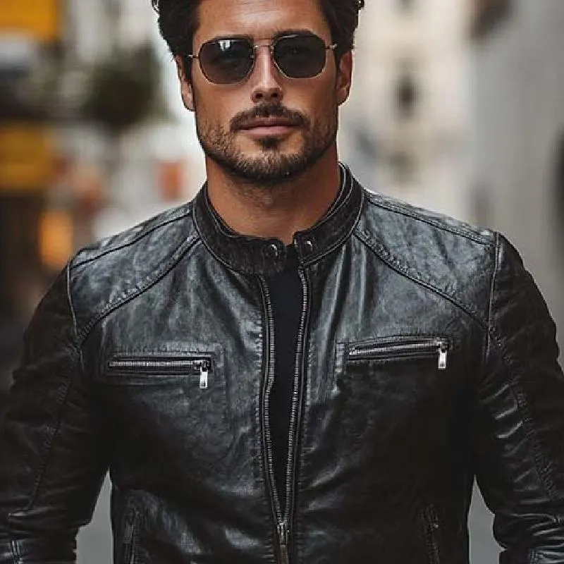 Men's Classic Casual Slim Stand Collar Zipper Leather Jacket 39393977K sold by Manly product image thumbnail 3