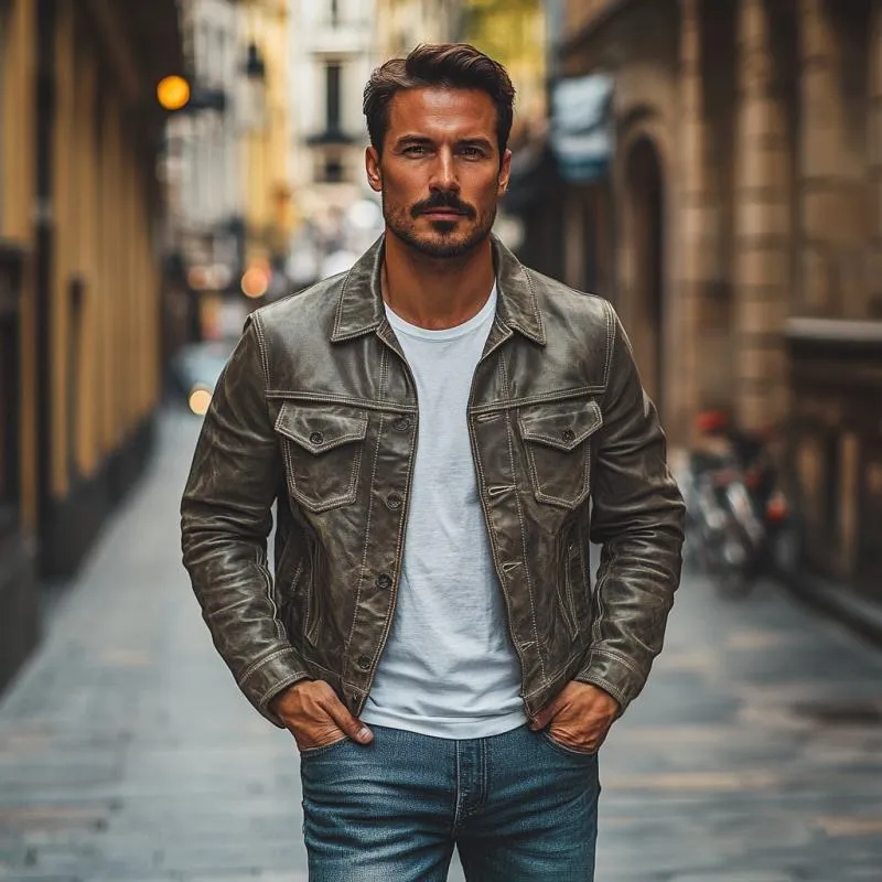 Men's Vintage Leather Lapel Slim Fit Jacket 28041674M sold by Manly product image thumbnail 2