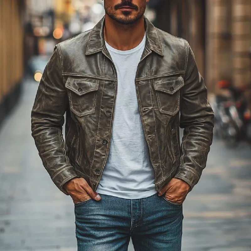 Men's Vintage Leather Lapel Slim Fit Jacket 28041674M sold by Manly product image thumbnail 4