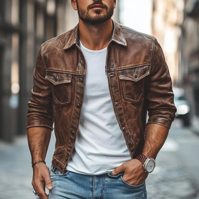 Men's Vintage Distressed Leather Lapel Slim Jacket 44914410M sold by Manly product image thumbnail 4