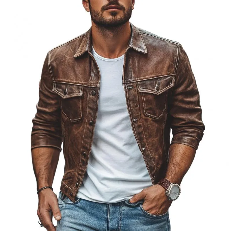 Men's Vintage Distressed Leather Lapel Slim Jacket 44914410M sold by Manly product image thumbnail 3