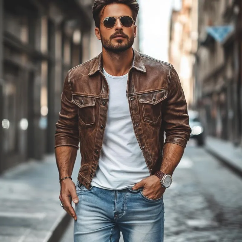 Men's Vintage Distressed Leather Lapel Slim Jacket 44914410M sold by Manly product image thumbnail 2