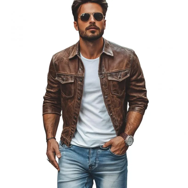 Men's Vintage Distressed Leather Lapel Slim Jacket 44914410M sold by Manly