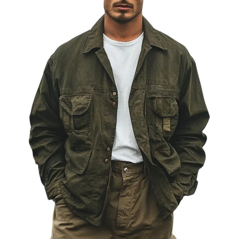 Men's Solid Color Loose Lapel Multi-pocket Cargo Jacket 36688078Z sold by Manly