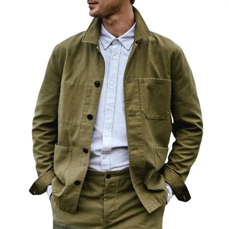 Men's Solid Color Lapel Multi-pocket Single Breasted Cargo Jacket 69817882Z sold by Manly