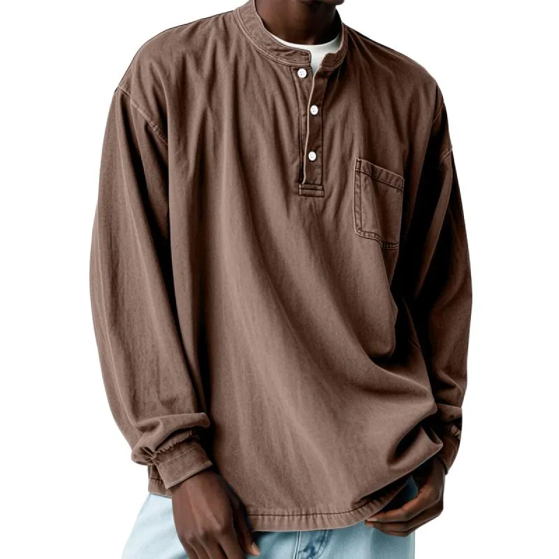 Men's Solid Loose Henley Collar Chest Pocket Long Sleeve T-shirt 14749687Z sold by Manly