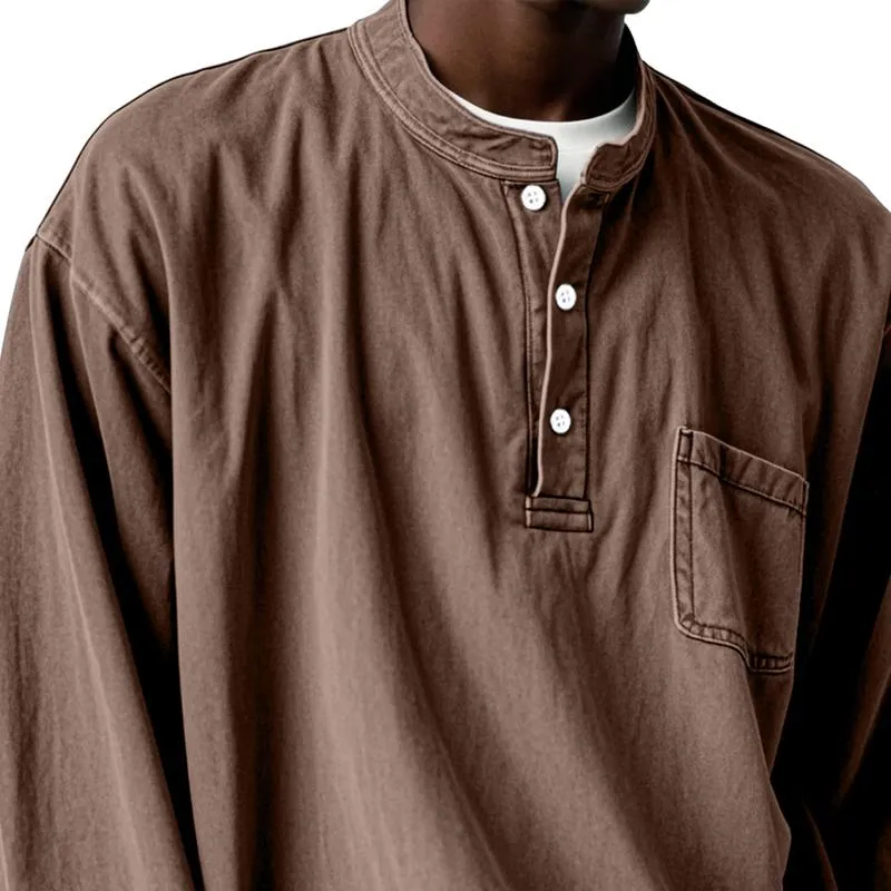 Men's Solid Loose Henley Collar Chest Pocket Long Sleeve T-shirt 14749687Z sold by Manly product image thumbnail 2