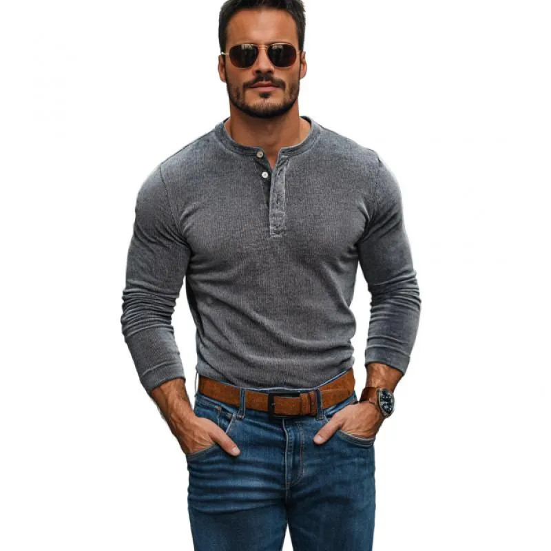 Men's Casual Thin Corduroy Henley Collar Slim Fit Long Sleeve T-Shirt 51058344M made by Manly