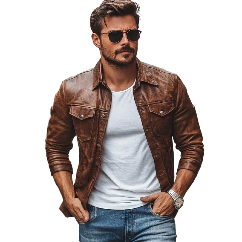 Men's Vintage Leather Lapel Slim Fit Long Sleeve Shirt 42759423M sold by Manly