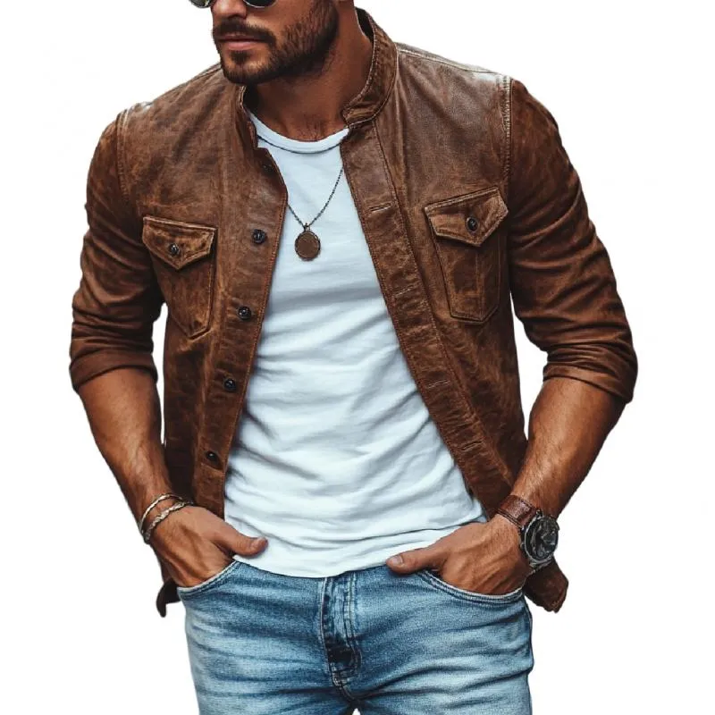 Men's Vintage Leather Stand Collar Slim Fit Long Sleeve Shirt 60546633M sold by Manly product image thumbnail 3