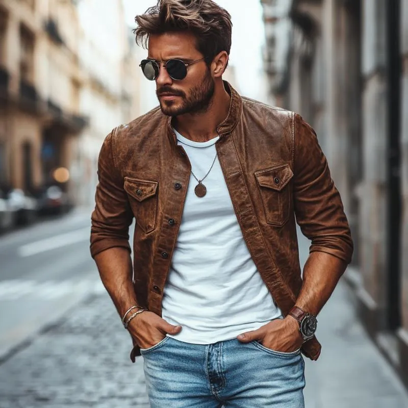 Men's Vintage Leather Stand Collar Slim Fit Long Sleeve Shirt 60546633M sold by Manly product image thumbnail 2