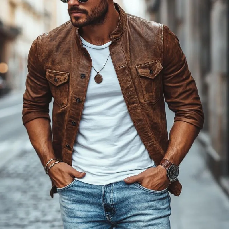 Men's Vintage Leather Stand Collar Slim Fit Long Sleeve Shirt 60546633M sold by Manly product image thumbnail 4