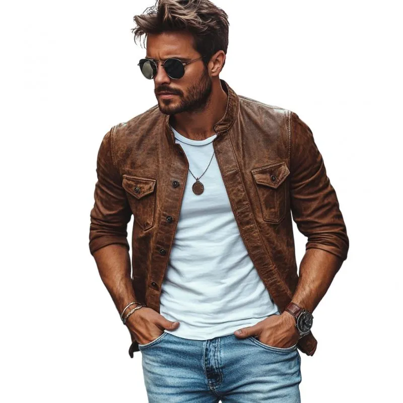 Men's Vintage Leather Stand Collar Slim Fit Long Sleeve Shirt 60546633M sold by Manly